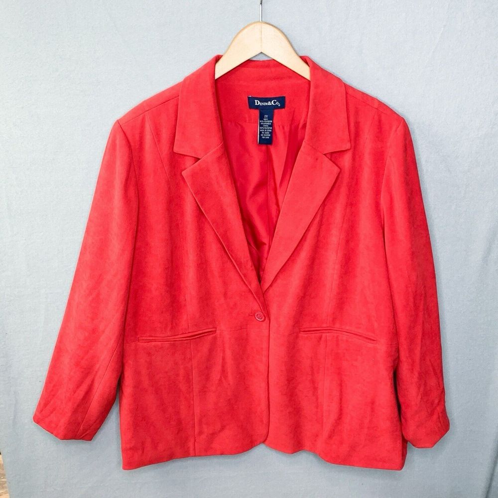 Y2K Vintage Denim and Co Red Single Breasted V Neck Classic Blazer Jacket Size2X